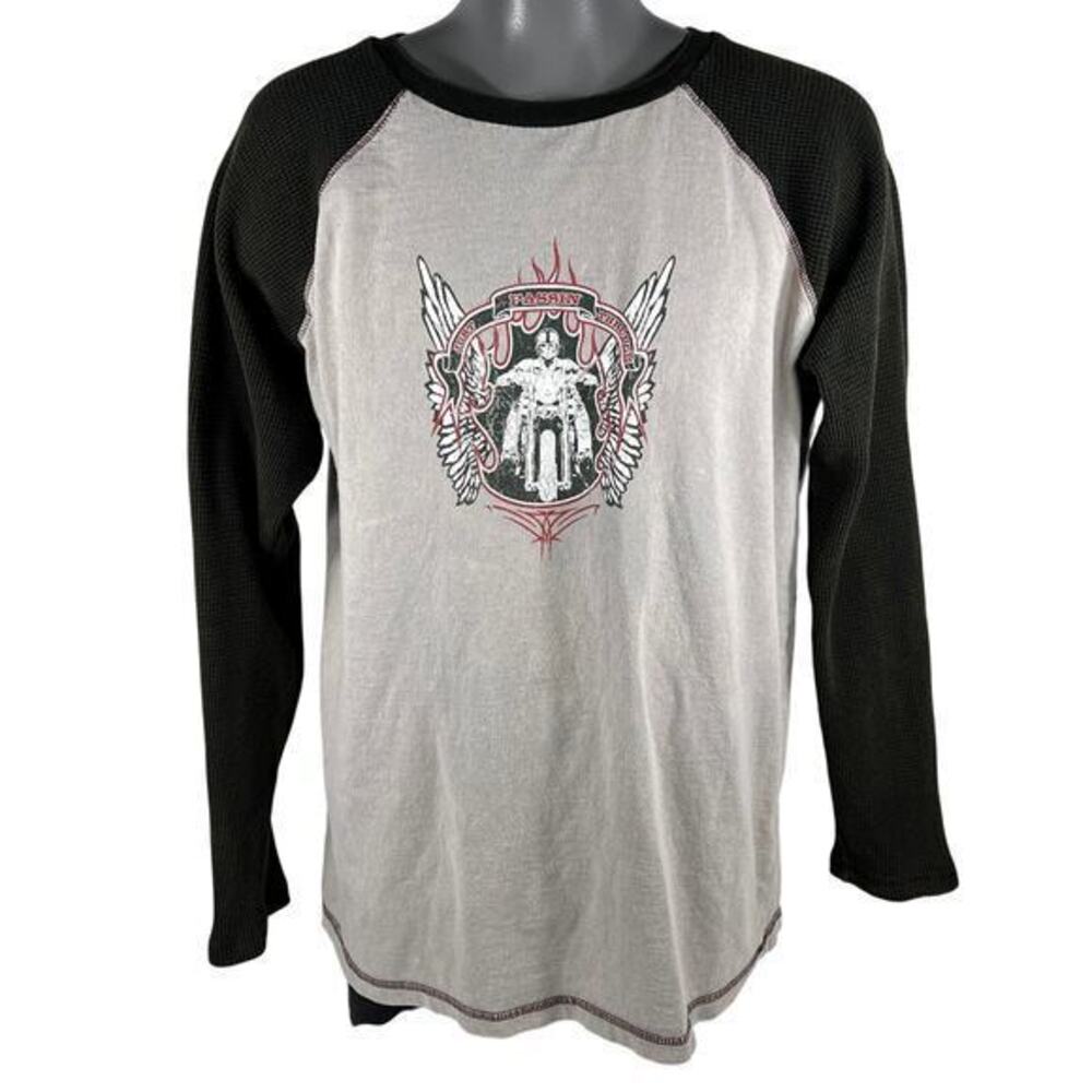 Y2K‎ Skeleton Motorcycle Skull Biker Waffle Sleeve XL Gray Black Acid Wash Punk